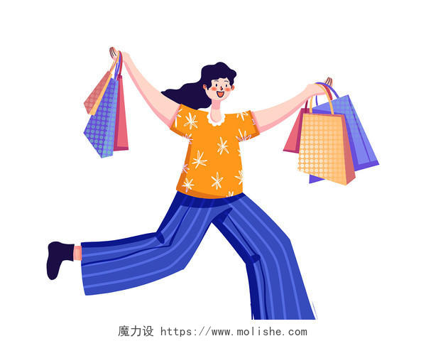 彩色手绘卡通双十一购物节女孩人物购物购物袋元素PNG素材
